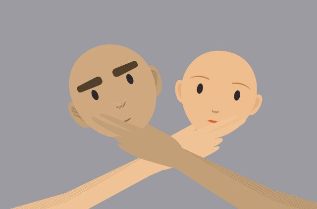 Two crossed arms hold a different face. It's a bit freaky looking, to be perfectly honest.