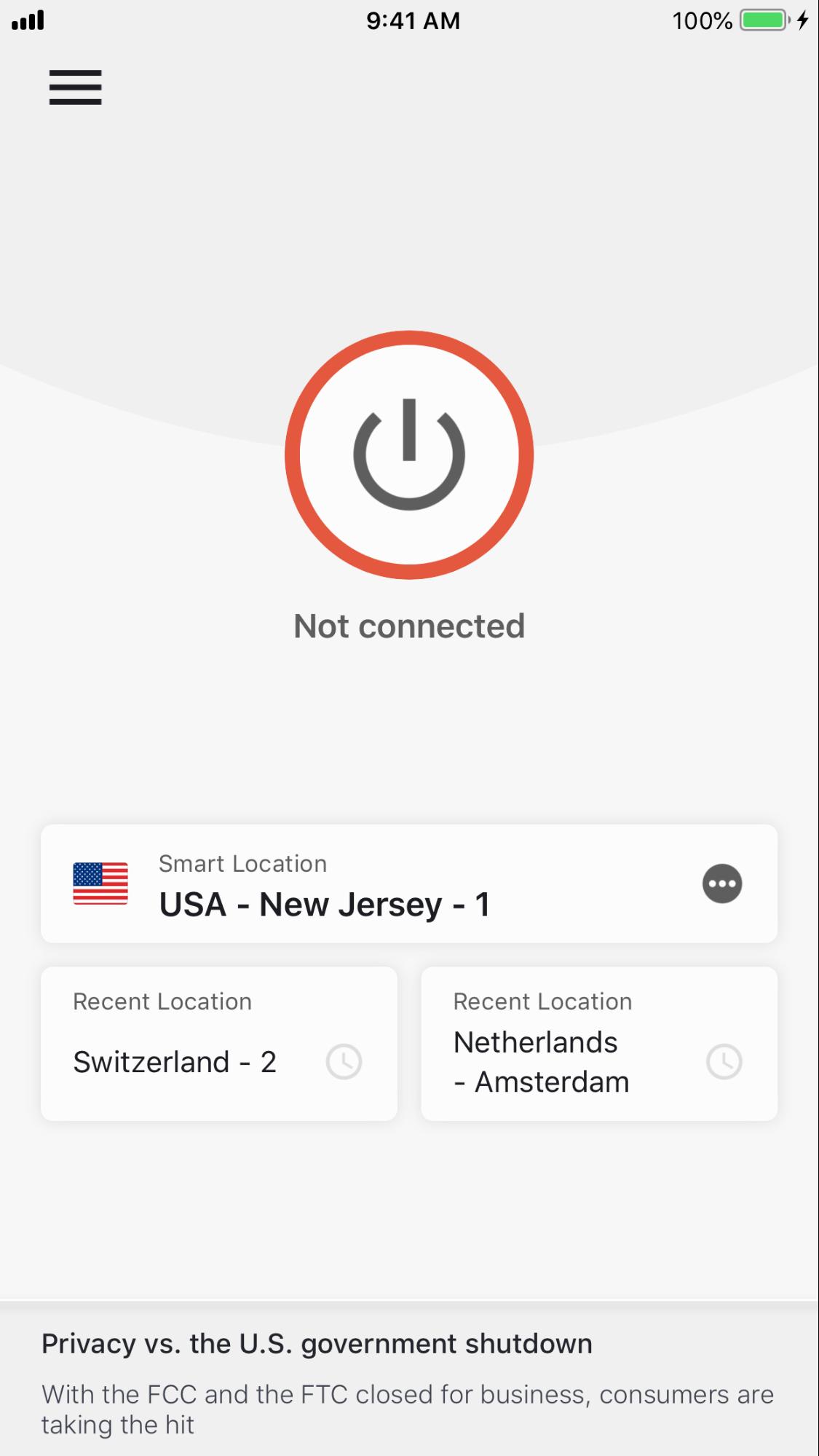 A screen shot of the location swap screen on the ExpressVPN for iOS app.