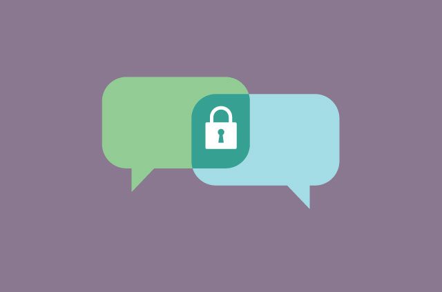 Two speech bubbles overlapping with a lock in the overlap.