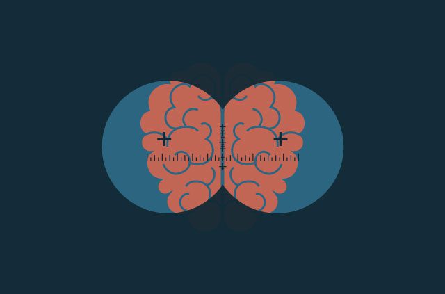 Bird's-eye view of a brain seen through military binocular vision.