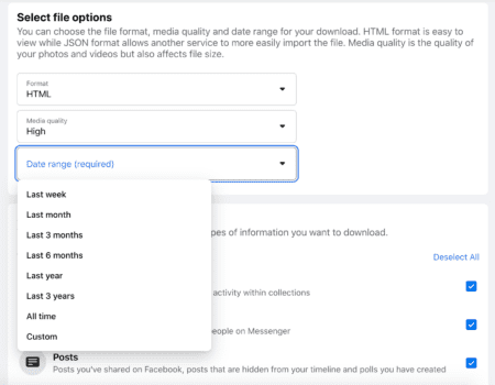 페이스북 정보 다운로드 옵션 선택 화면