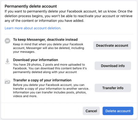 페이스북 계정 삭제 페이지