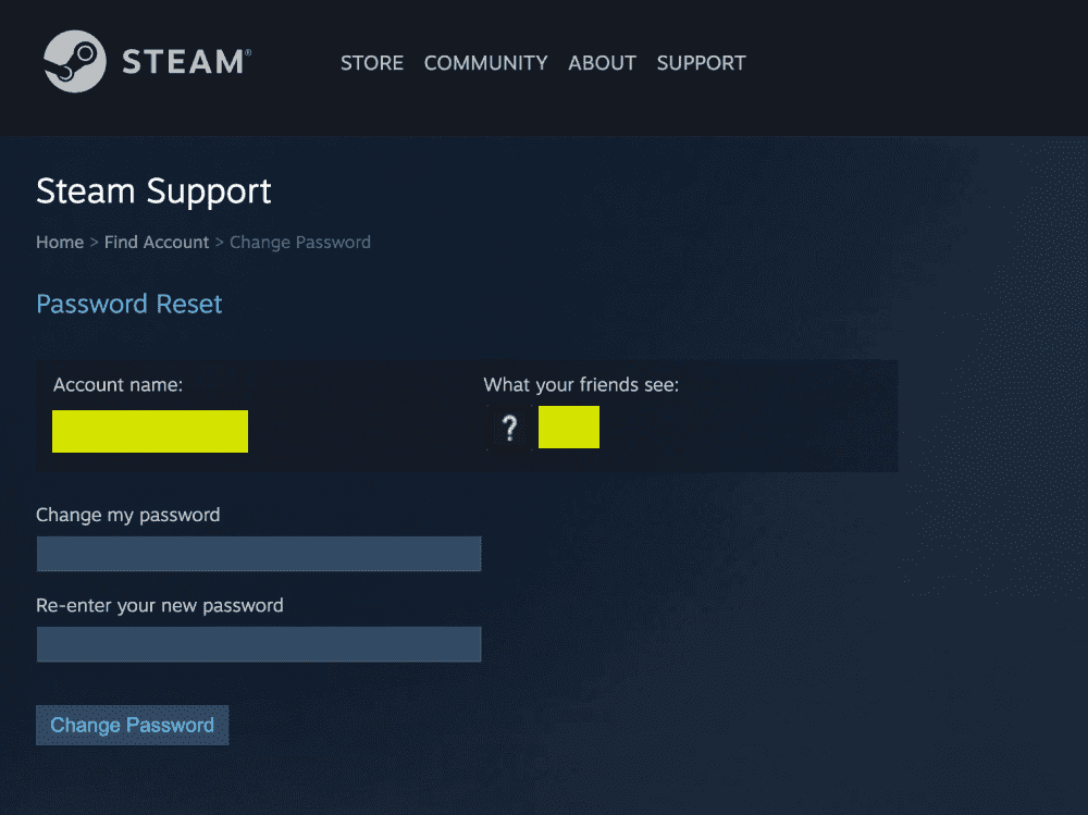 Steam password reset screen.