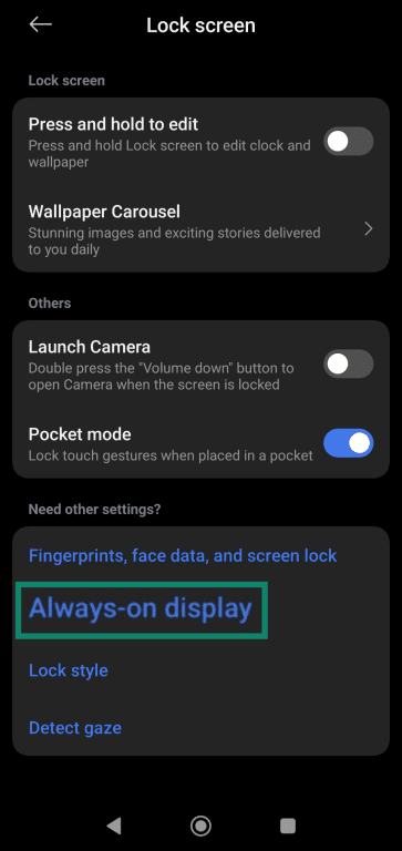 Tapping the Always-on display option in Xiaomi's Lock screen settings menu