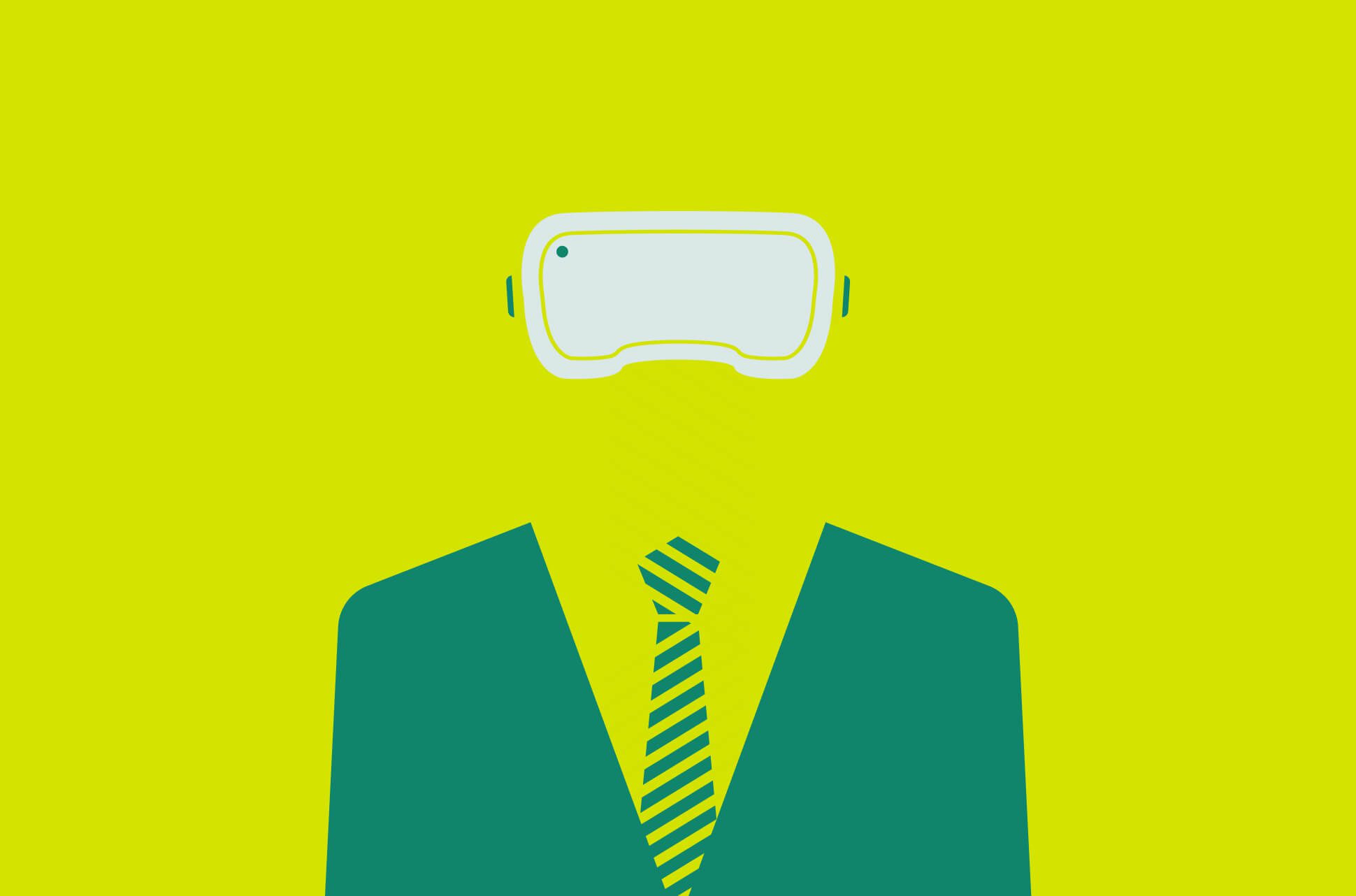 Person wearing a suit and tie and a headset.