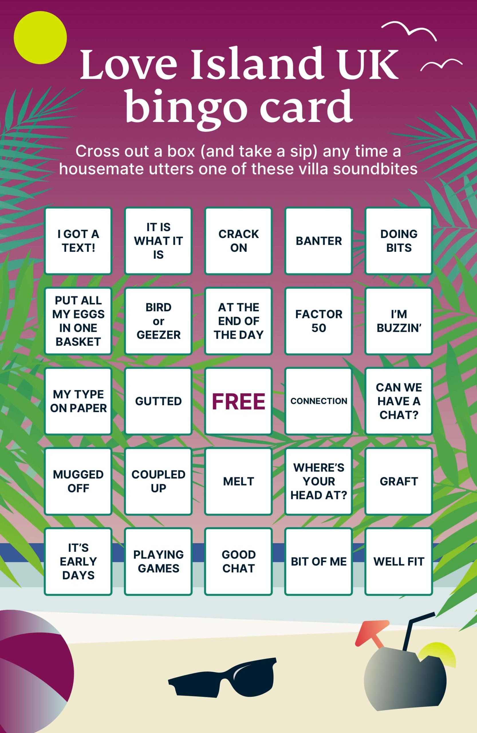 Love Island bingo game card.