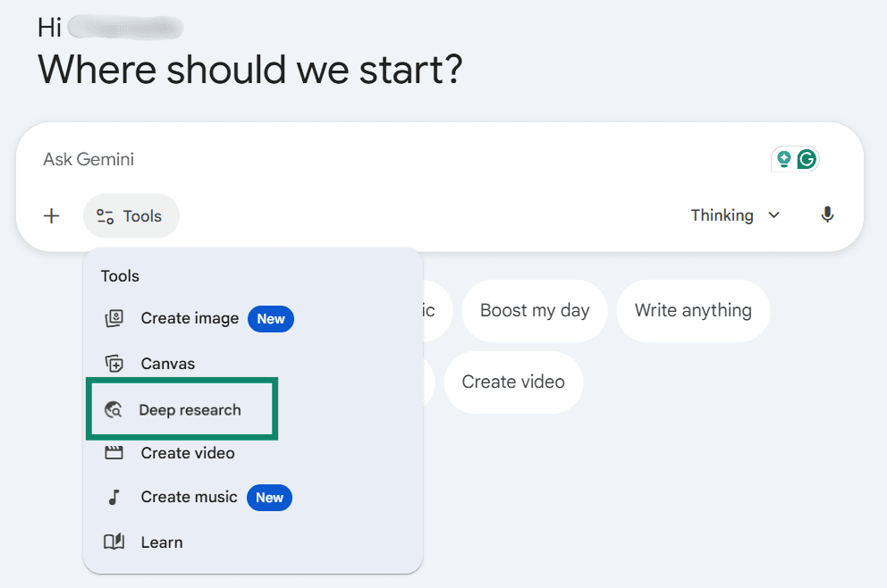 Gemini Tools menu with Deep research highlighted.