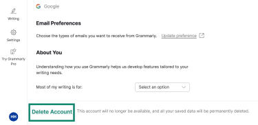 The option to Delete Account in the Grammarly web dashboard.