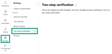 Setting up two-step verification for Grammarly.