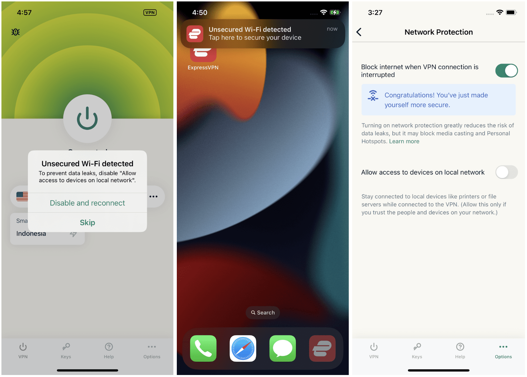 Screenshots of features in ExpressVPN that let users customize their protection over Wi-Fi.
