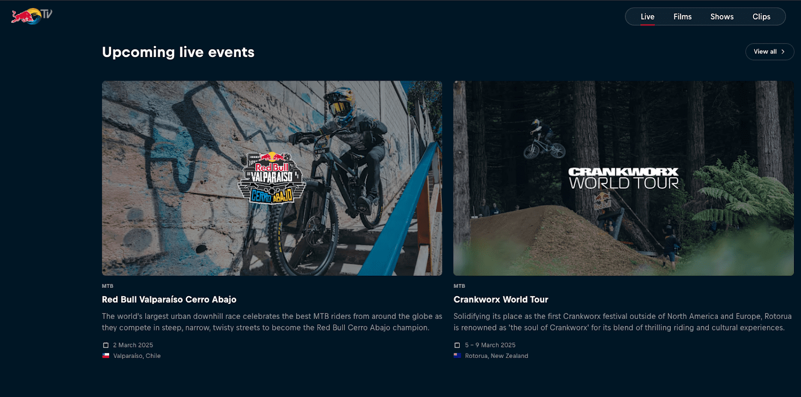 Screenshot of the Red Bull TV live events page