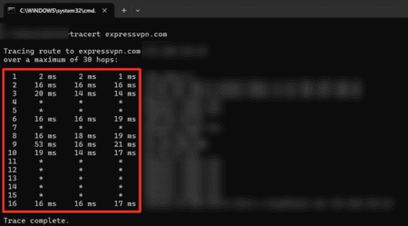 Tracert tracking an IP address route on Windows