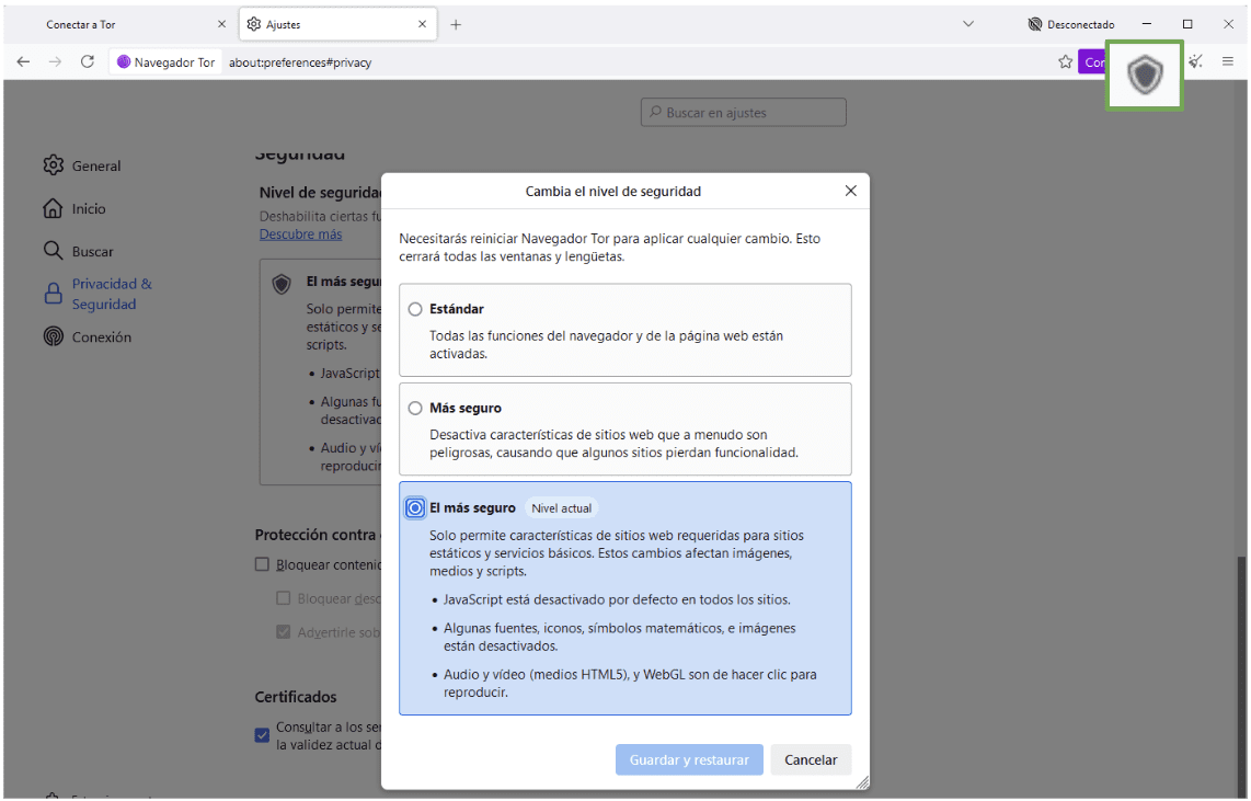 Ventana de configuración de Privacidad y seguridad del navegador Tor con el nivel de seguridad Más seguro resaltado.