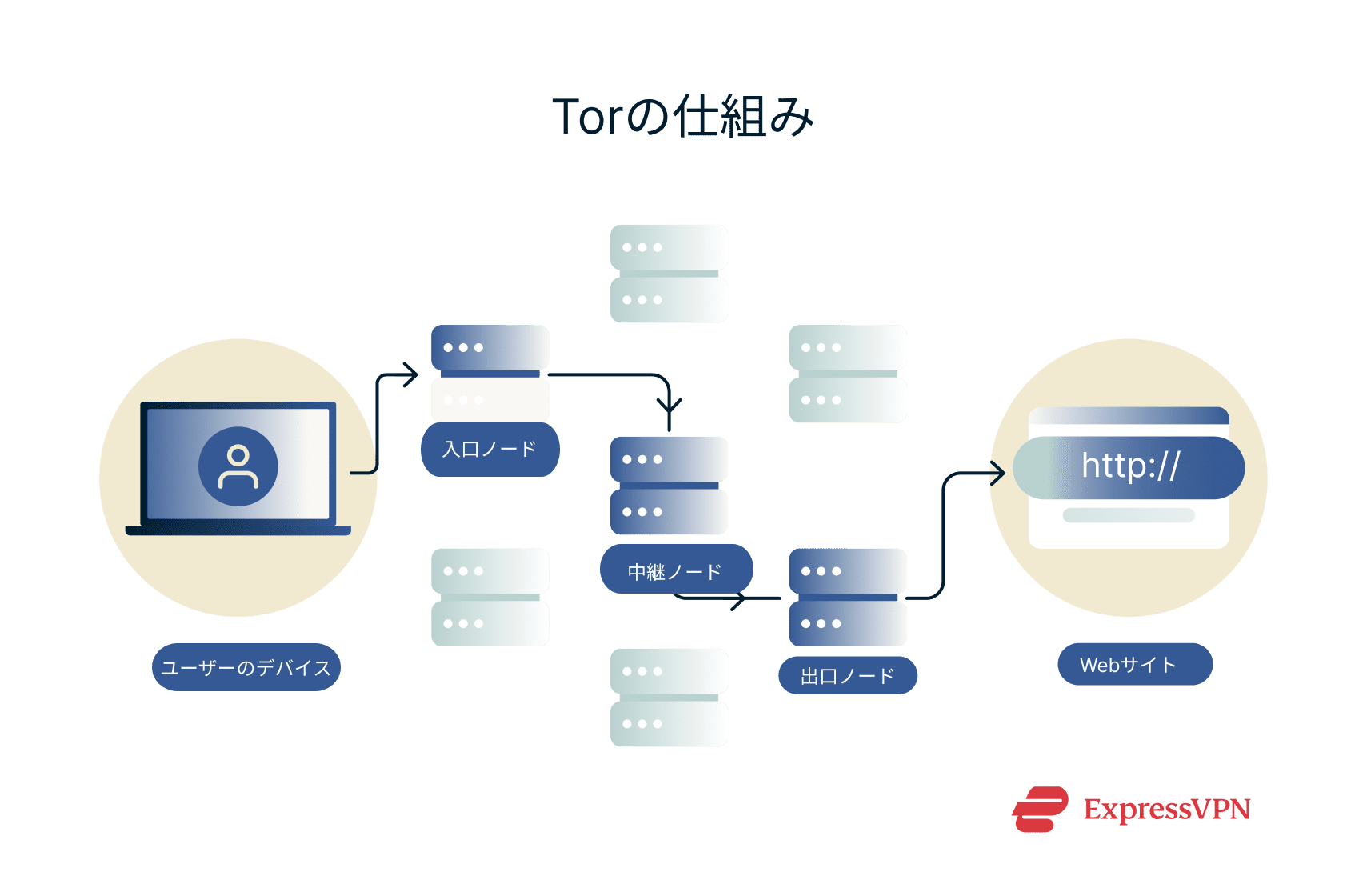 A diagram showing how Tor works.