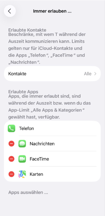 Always Allowed apps screen with selected apps.