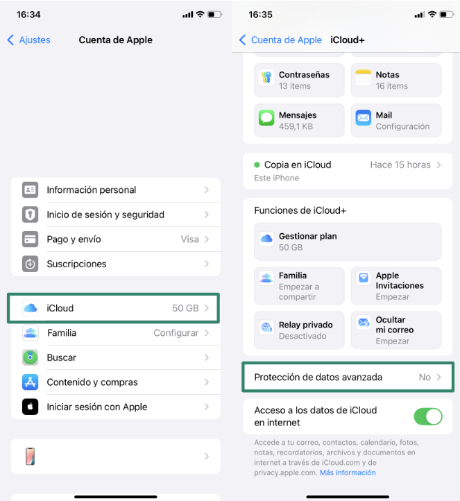 iPhone iCloud settings showing Advanced Data Protection option.