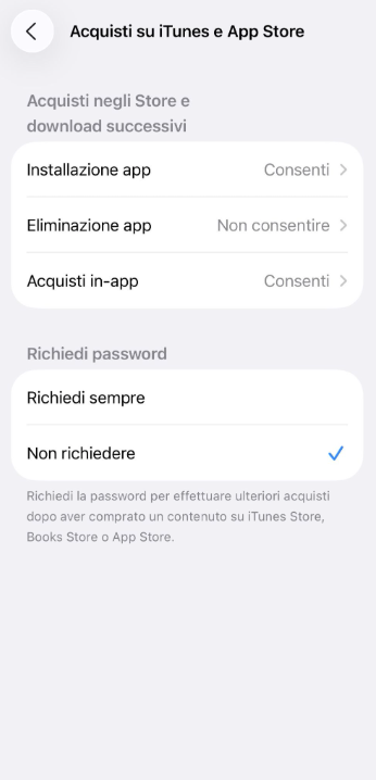 iTunes & App Store settings with app deletion disabled.