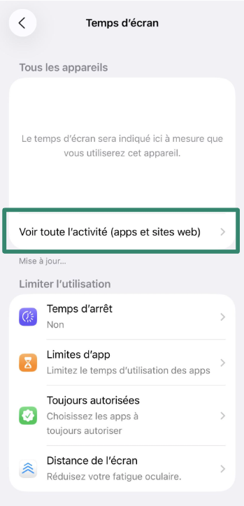 Screen Time menu with See All App & Website Activity option.