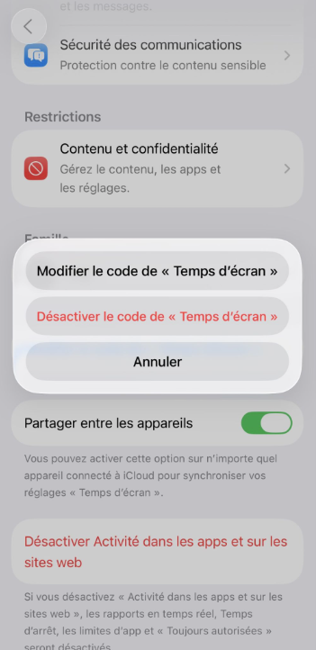 Options to change or turn off Screen Time passcode on iPhone.