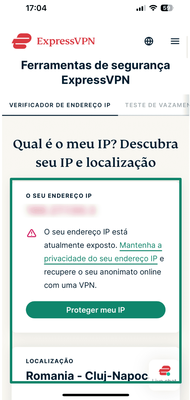 The ExpressVPN IP checker opened on the iPhone Safari browser, which shows a public IP address and location