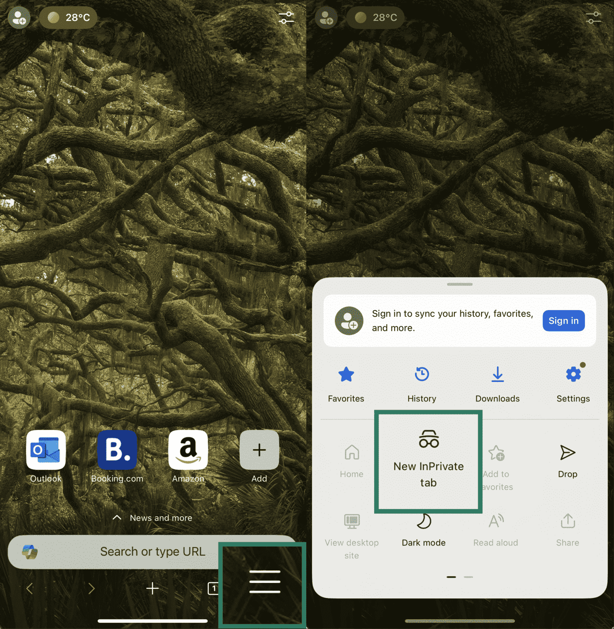Two side-by-side screenshots of the Microsoft Edge app on mobile.The left screenshot highlights the tabs icon at the bottom of the screen.The right screenshot shows the