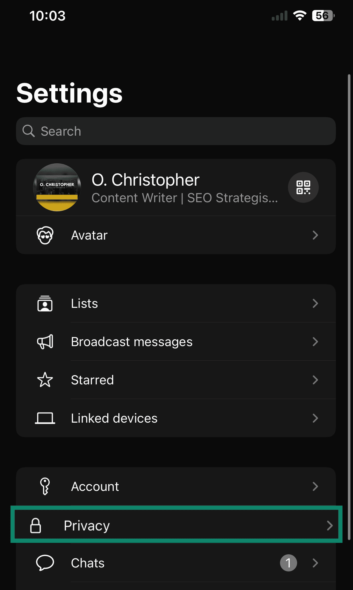 WhatsApp global settings screen with Privacy highlighted.
