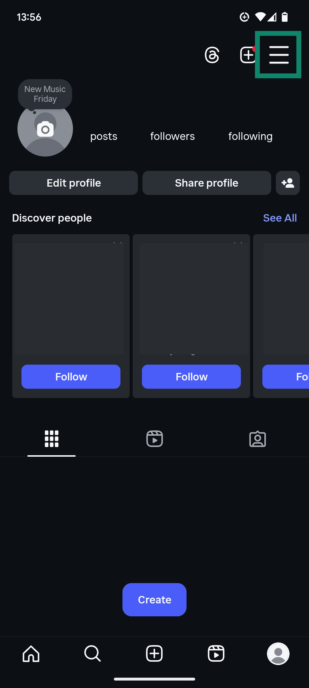 A screenshot of the Instagram app, showing the homepage and Menu button.
