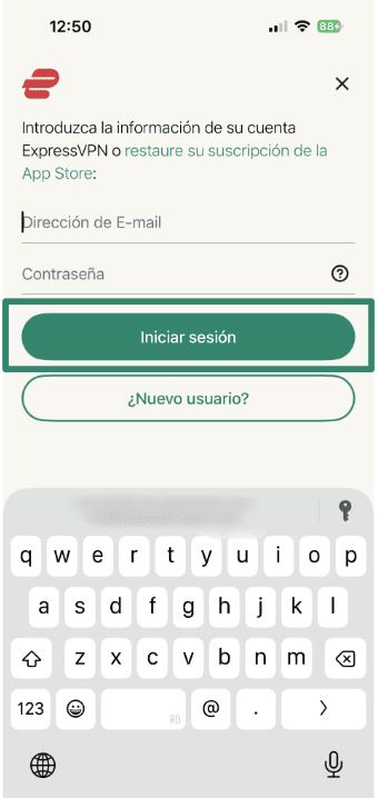 Logging into ExpressVPN using email address and password.