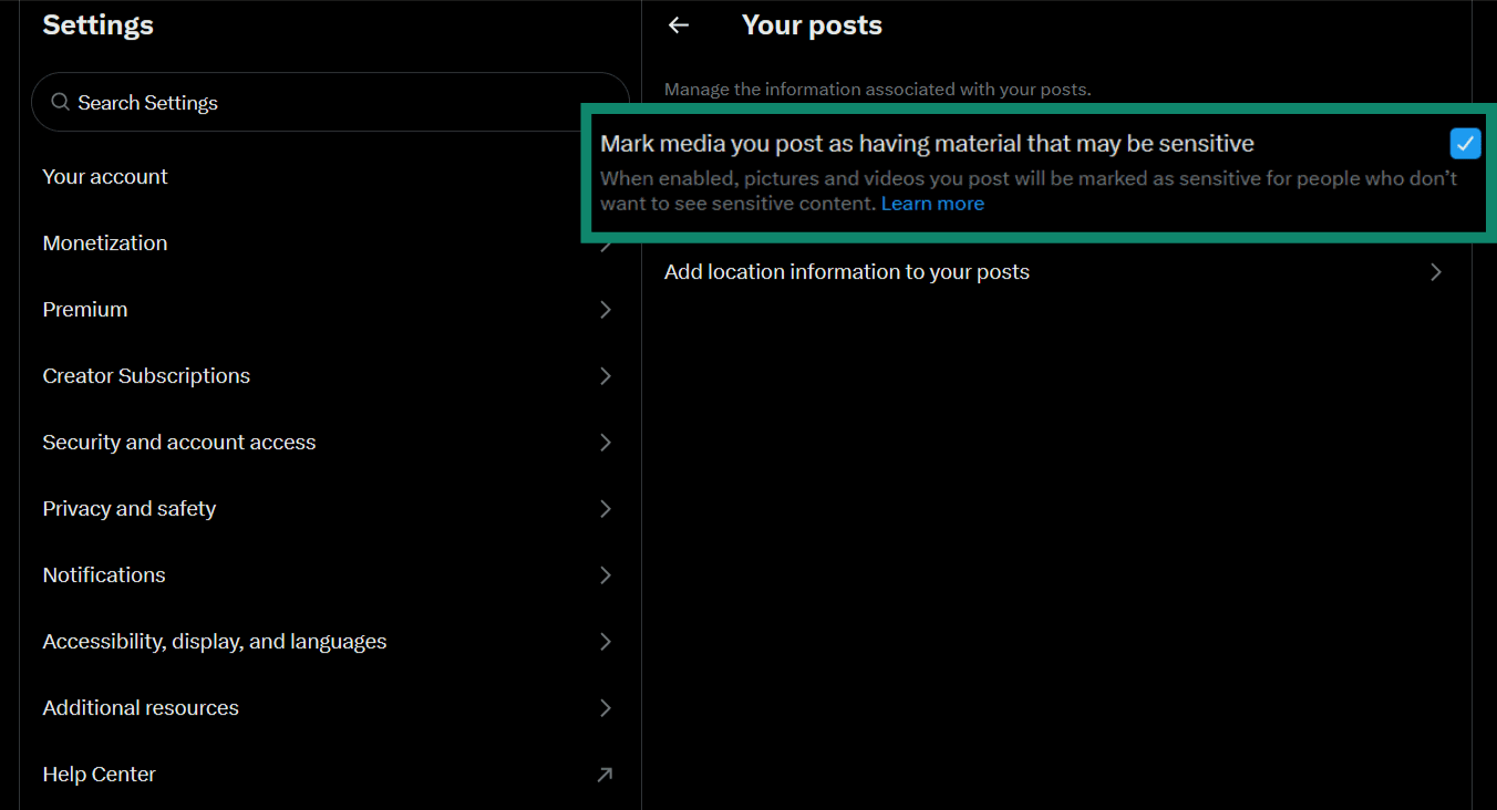 The Your posts section of the Twitter settings, showing the option to mark the user's posts as sensitive.