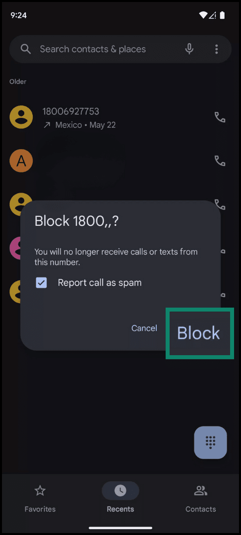 Android confirmation screen to block a number, with “Block” button highlighted.