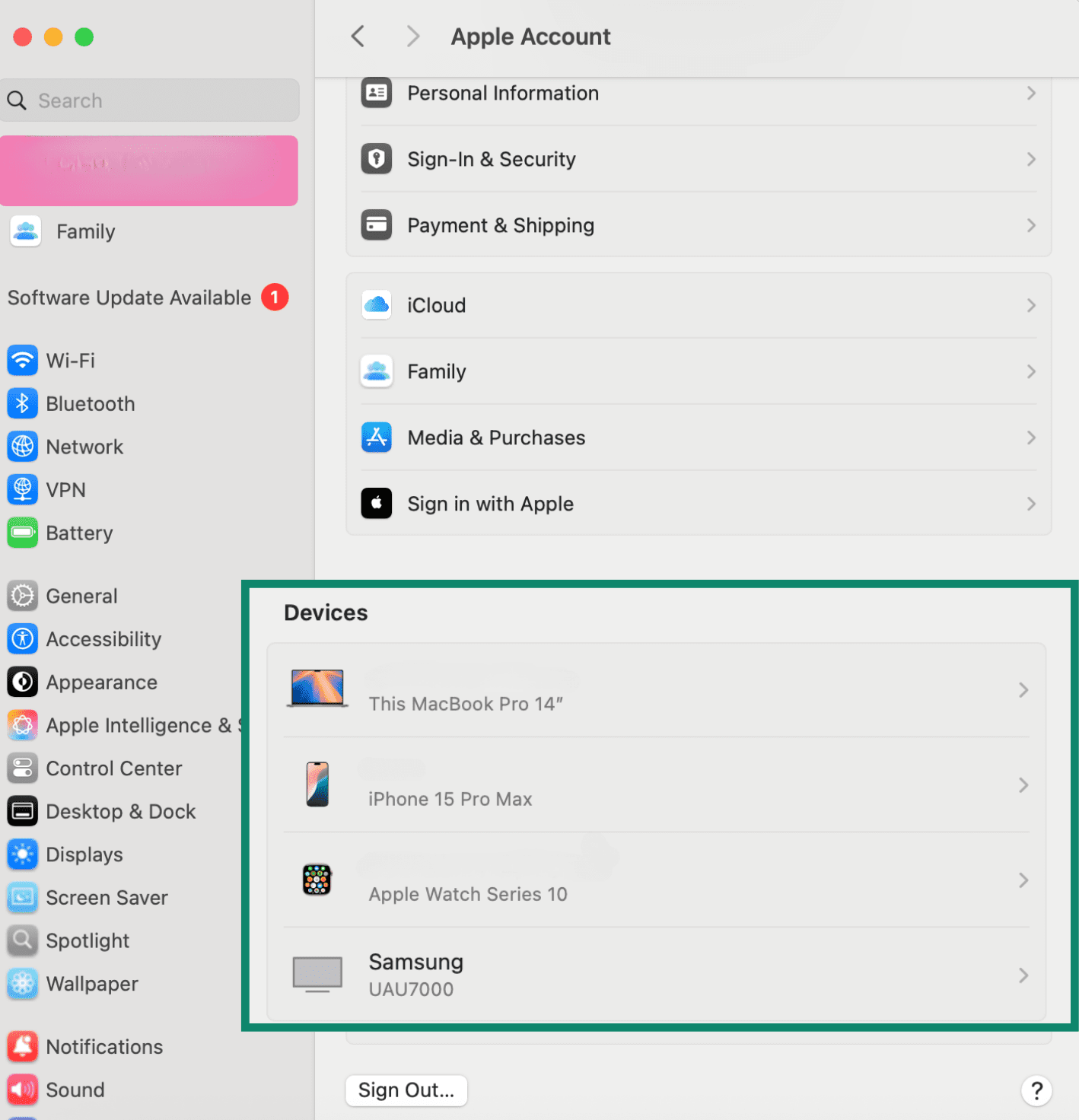 List of devices linked to Apple ID in Mac System Settings.