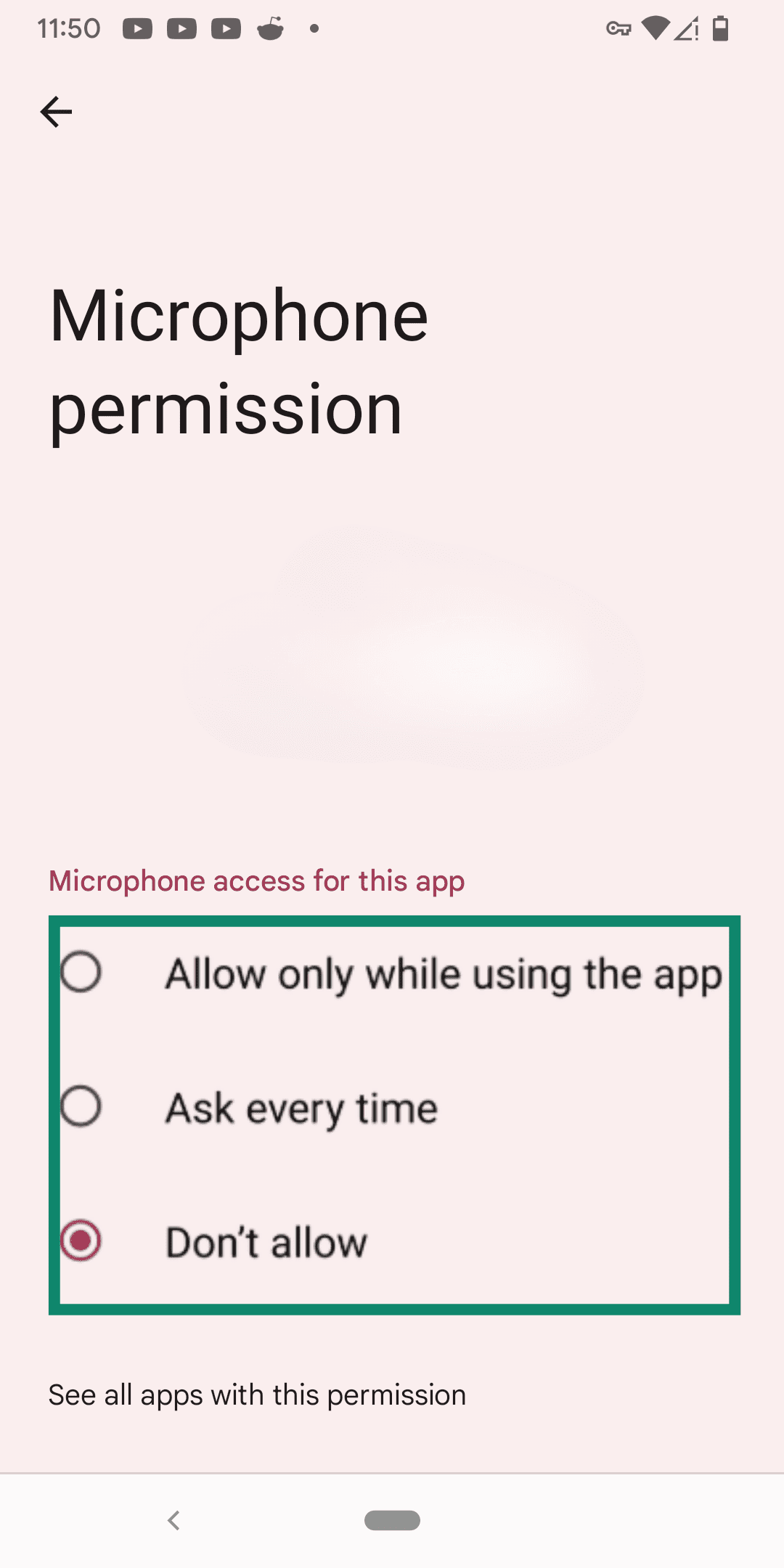 Toggling off microphone permissions for an app on Android.