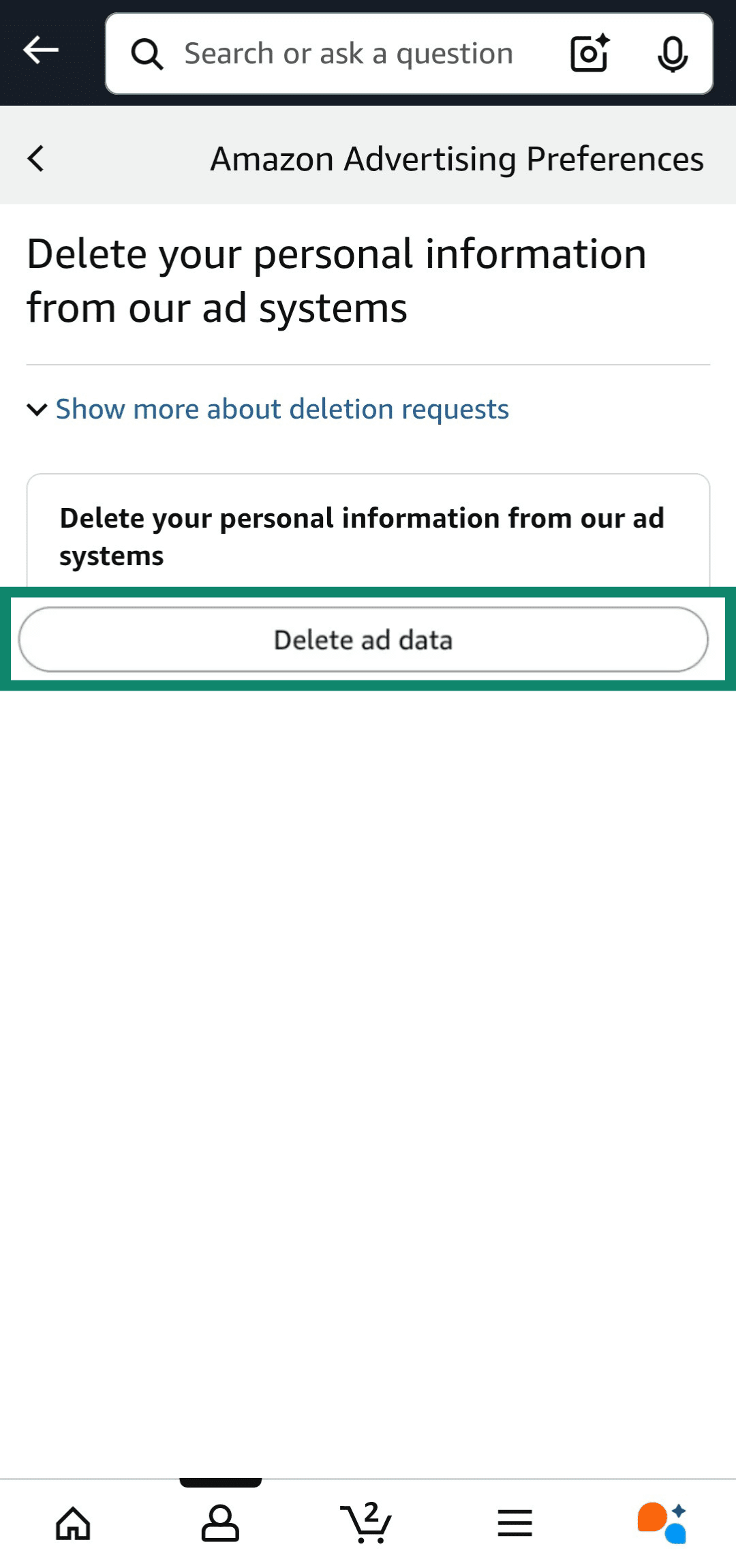 Confirming ad data deletion on Amazon app.