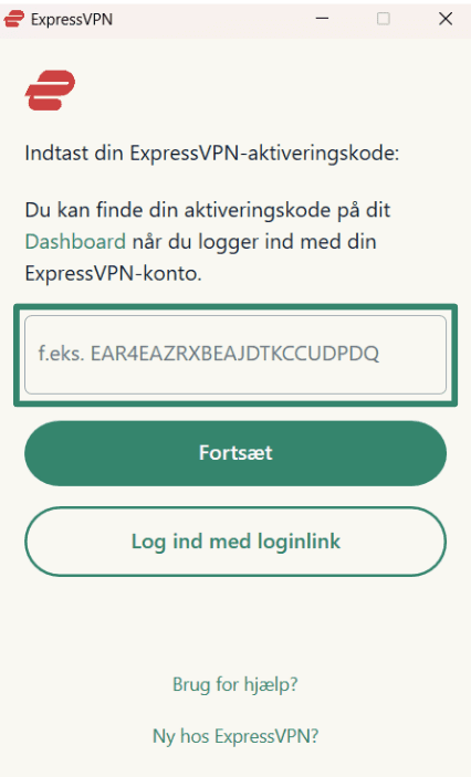 Indlogning i ExpressVPN på Windows ved brug af aktiveringskode.