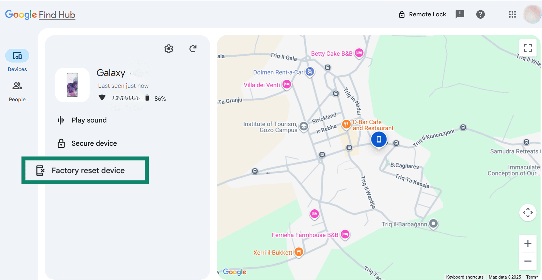 Google's Find My Device dashboard, highlighting the menu option to ‘Factory reset device’ for a lost Android phone.