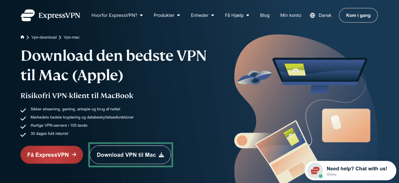 Download af ExpressVPN's macOS-installationsværktøj fra den officielle side.