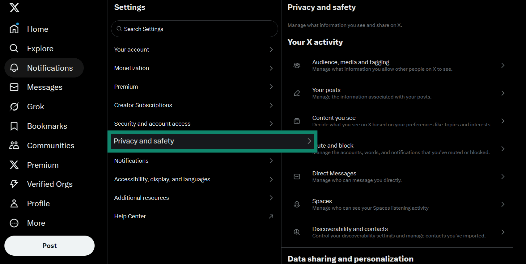 The Settings menu of the Twitter website, showing the Privacy and safety option.