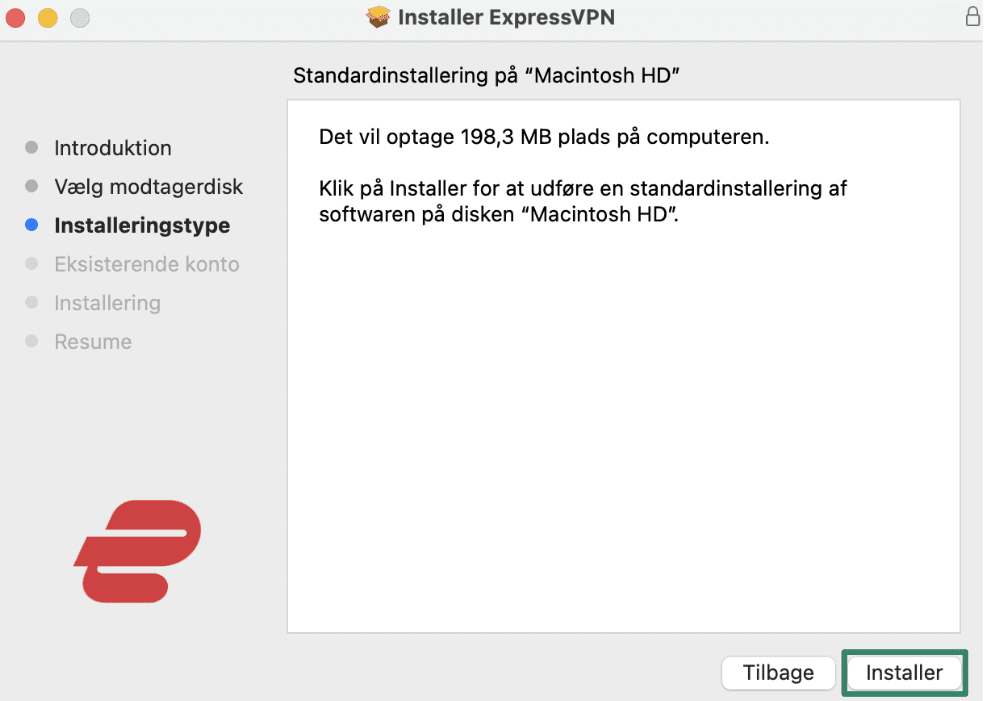 Installation af ExpressVPN på macOS.