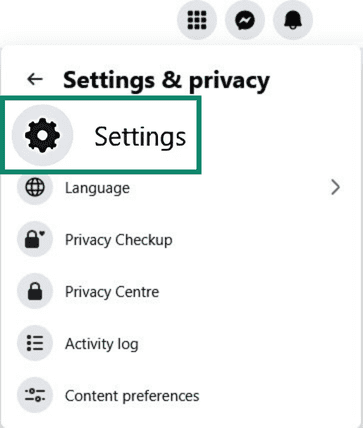 Facebook Settings & Privacy with Settings highlighted.