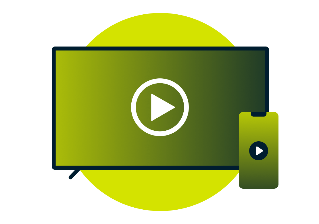 A laptop and phone with the play video logo.
