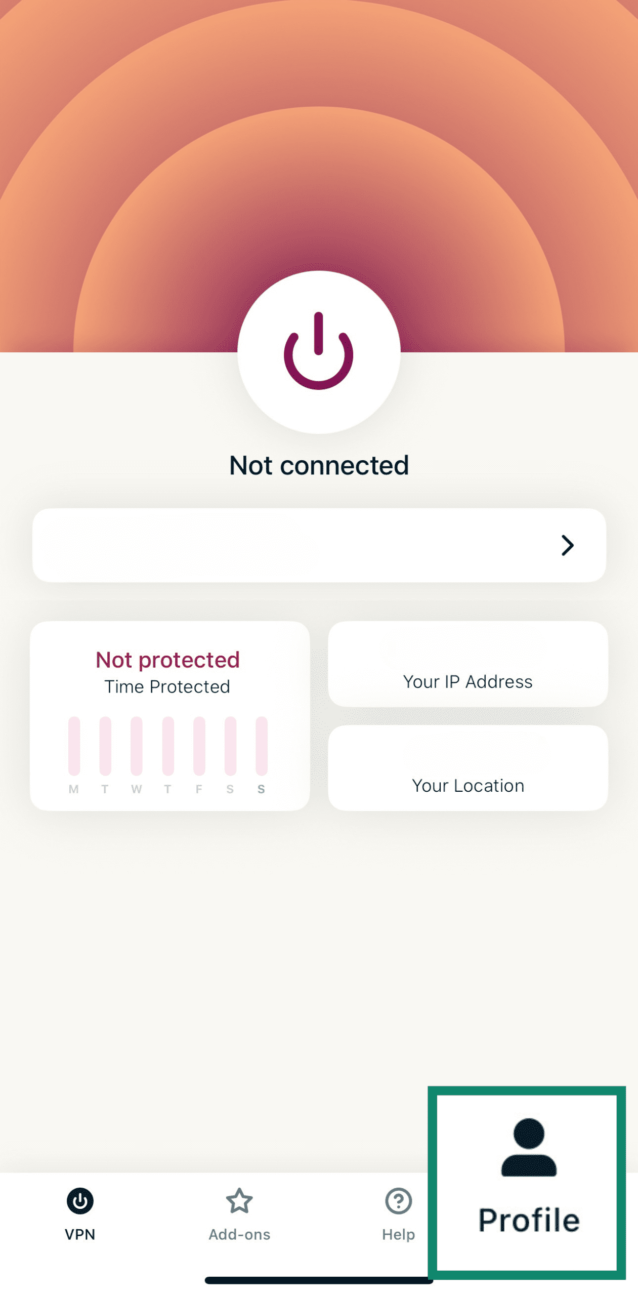 ExpressVPN home screen showing disconnected status and Profile tab.
