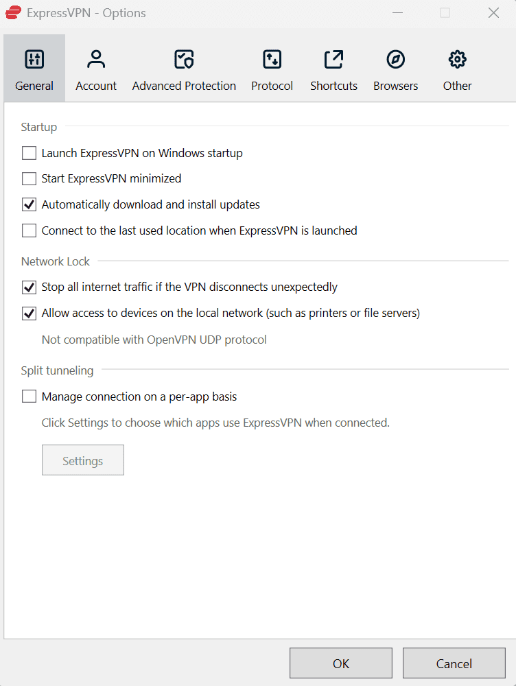 ExpressVPN app interface with the Options menu opened, and the General tab selected within the Options settings.