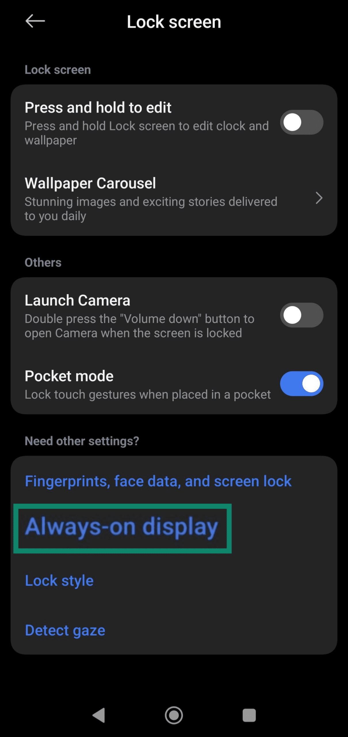 Tapping the Always-on Display option in Xiaomi's Lock screen settings