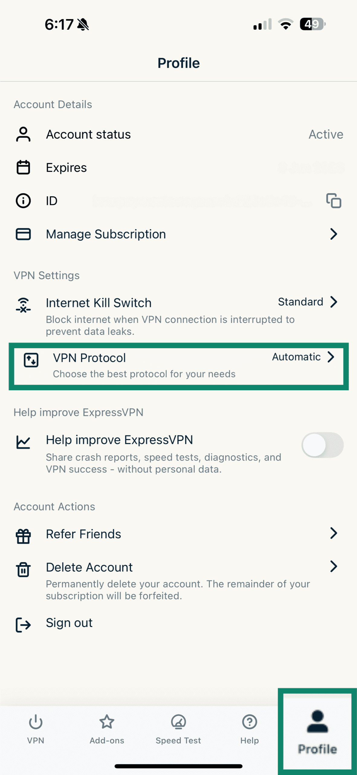 Screenshot of the ExpressVPN app with the “Profile” tab open and “VPN Protocol” option highlighted