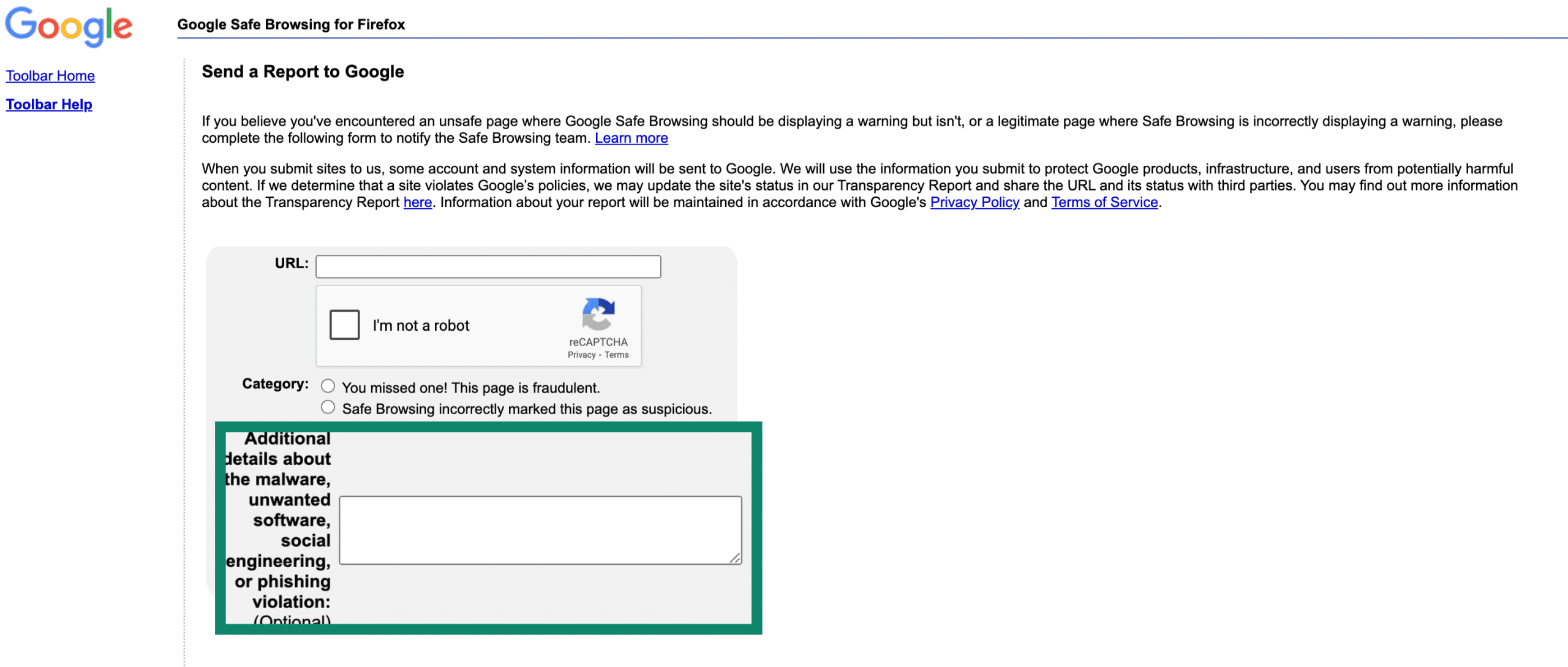 Google Safe Browsing page with category field highlighted.