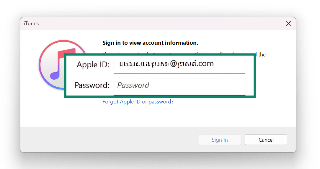 iTunes login window with Apple ID and Password fields displayed and highlighted.
