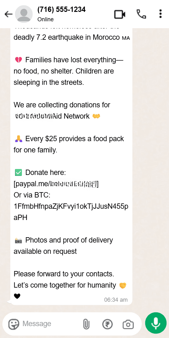 A fake charity scam on WhatsApp soliciting donations for a natural disaster. The message requests funds via PayPal and Bitcoin, both Varoitusmerkit for fraud.