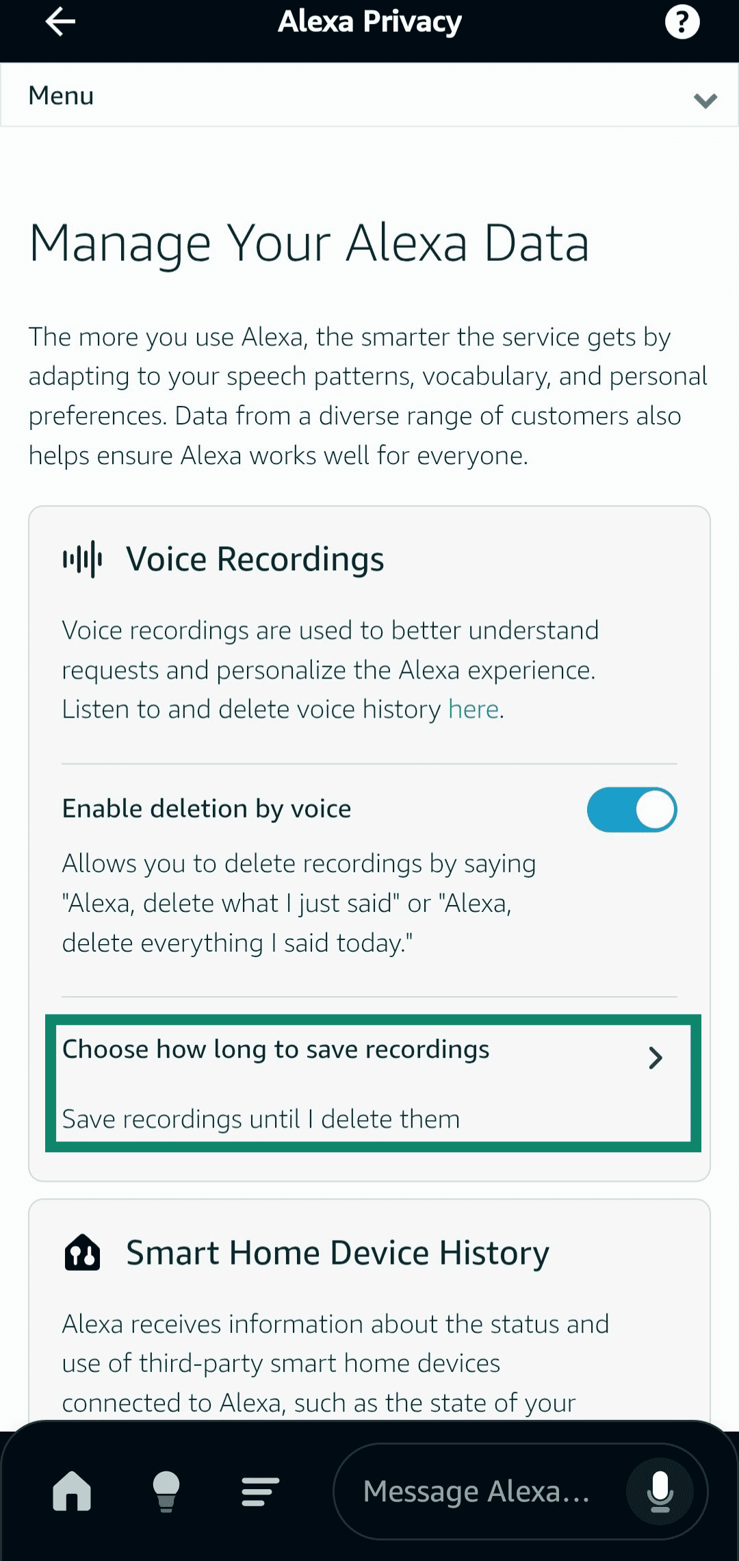 Accessing the Choose how long to save recordings menu in the Amazon Alexa app.