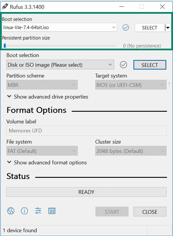 Rufus interface showing USB drive selection