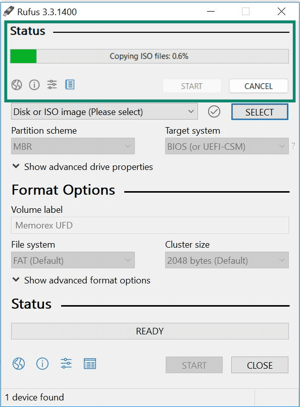Rufus interface showing the select button with the Linux Lite ISO file visible.